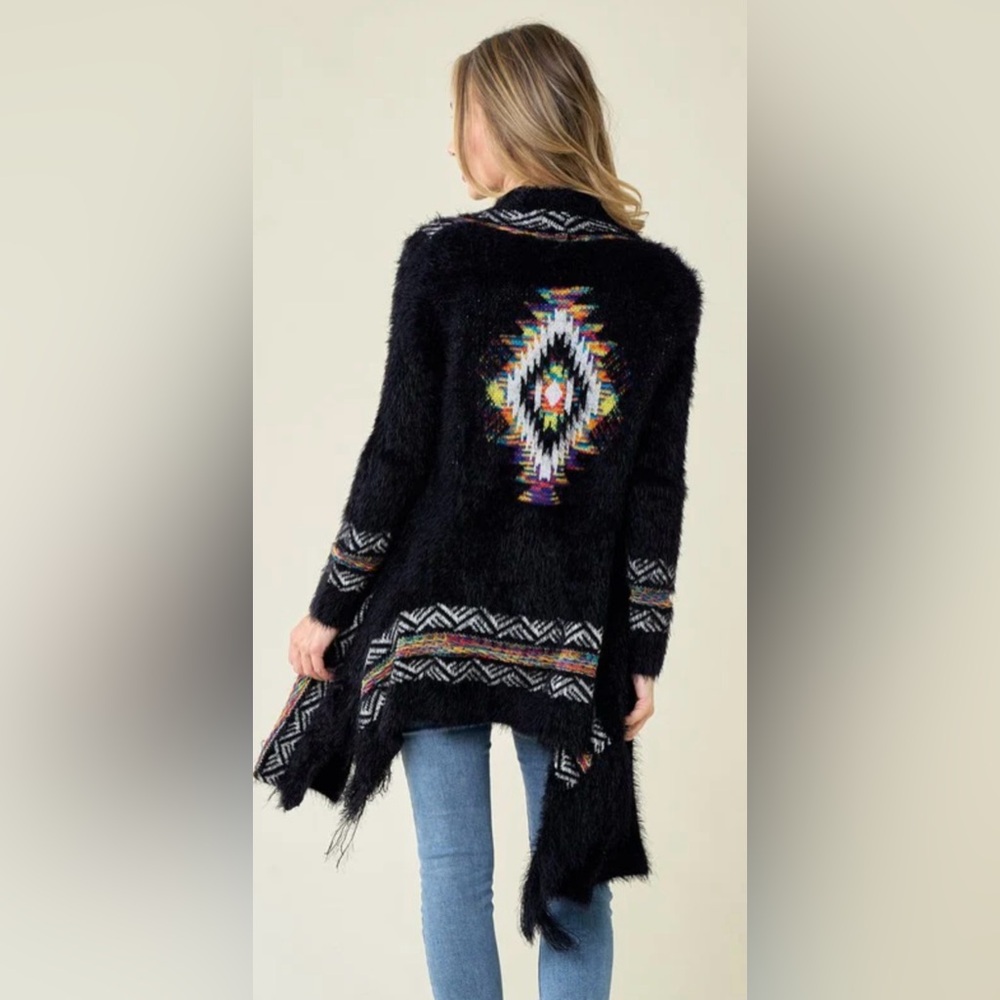 Western Boho Rainbow Aztec Pattern Open Knit Fuzzy Cardigan
